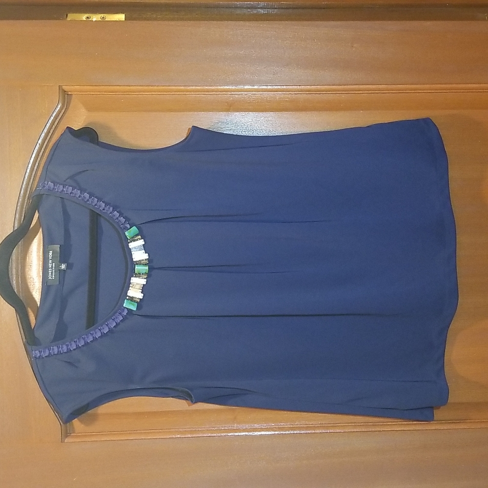 Jones New York Collection Beaded Sleeveless Blouse Top Blue, size L
